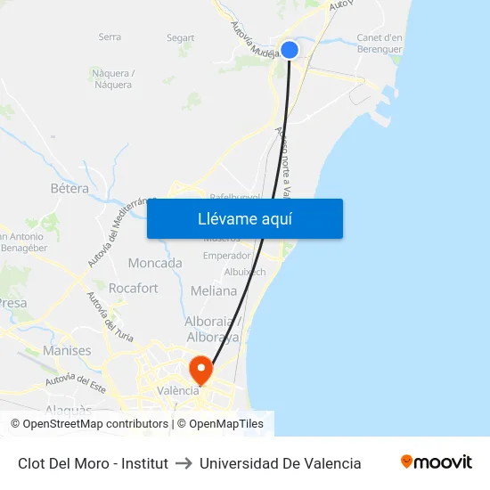 Clot Del Moro - Institut to Universidad De Valencia map