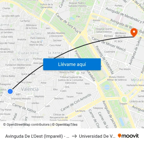 Avinguda De L'Oest (Imparell) - Sant Agustí to Universidad De Valencia map