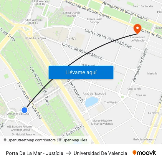 Porta De La Mar - Justícia to Universidad De Valencia map