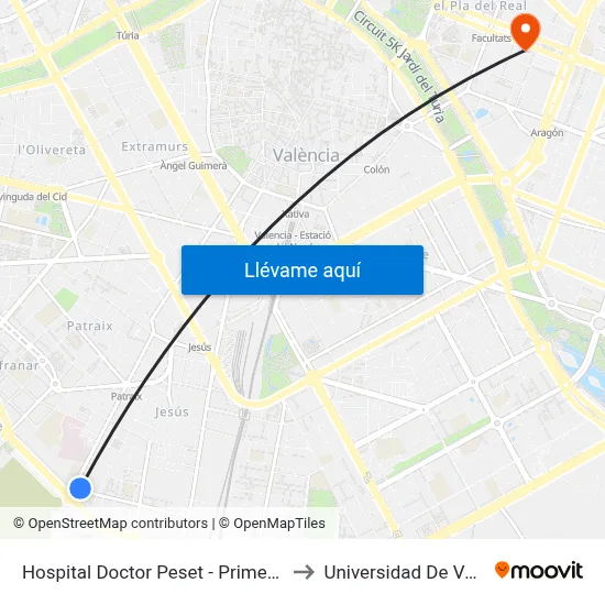 Hospital Doctor Peset - Primer De Maig to Universidad De Valencia map
