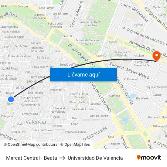 Mercat Central - Beata to Universidad De Valencia map