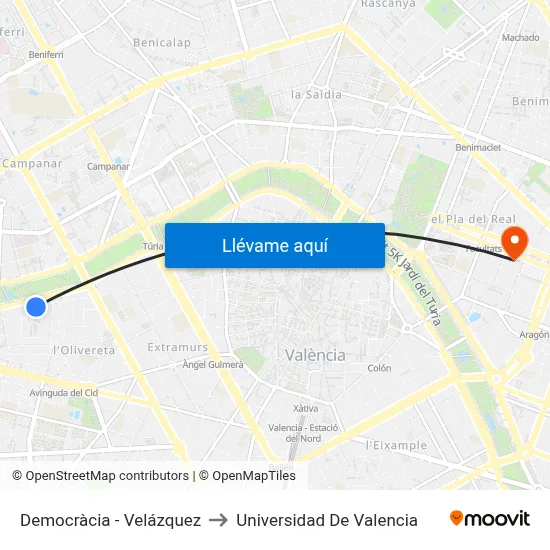 Democràcia - Velázquez to Universidad De Valencia map