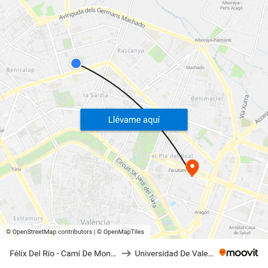 Félix Del Río - Camí De Moncada to Universidad De Valencia map