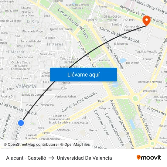 Alacant - Castelló to Universidad De Valencia map