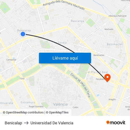 Benicalap to Universidad De Valencia map