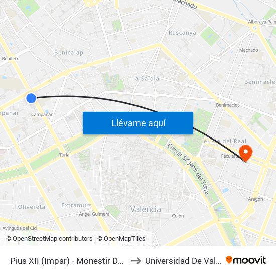 Pius XII (Impar) - Monestir De Poblet to Universidad De Valencia map