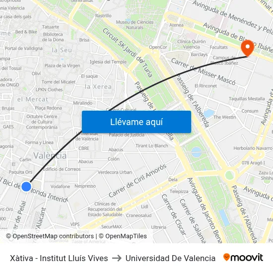 Xàtiva - Institut Lluís Vives to Universidad De Valencia map