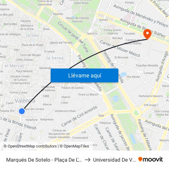 Marqués De Sotelo to Universidad De Valencia map