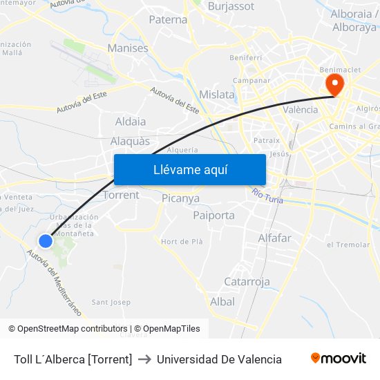 Toll L´Alberca [Torrent] to Universidad De Valencia map