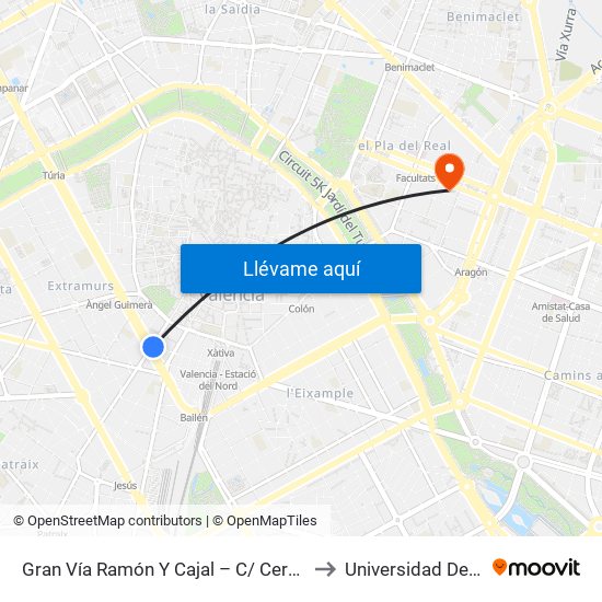 Gran Vía Ramón Y Cajal – C/ Cervantes [València] to Universidad De Valencia map