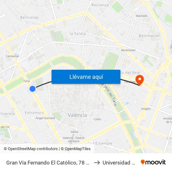 Gran Vía Fernando El Católico, 78 – C/ De Quart [València] to Universidad De Valencia map