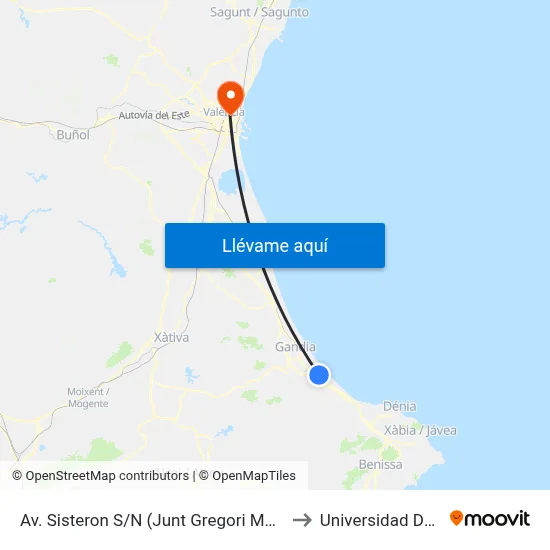 Av. Sisteron S/N (Junt Gregori Maians) Vuelta [Oliva] to Universidad De Valencia map