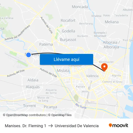 Manises. Dr. Fleming 1 to Universidad De Valencia map