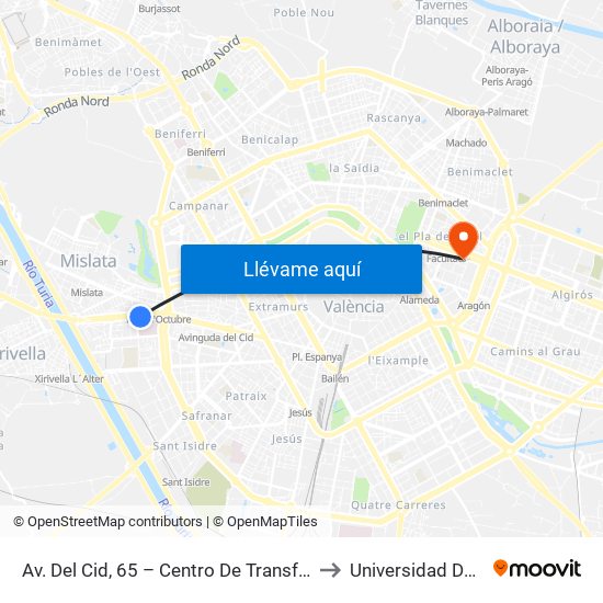 Av. Del Cid, 65 – Centro De Transfusiones [València] to Universidad De Valencia map