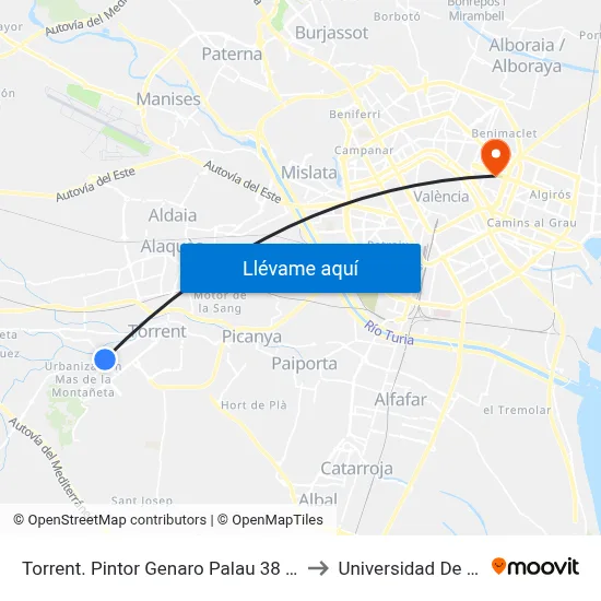 Torrent. Pintor Genaro Palau 38 (Villa Carmen) to Universidad De Valencia map