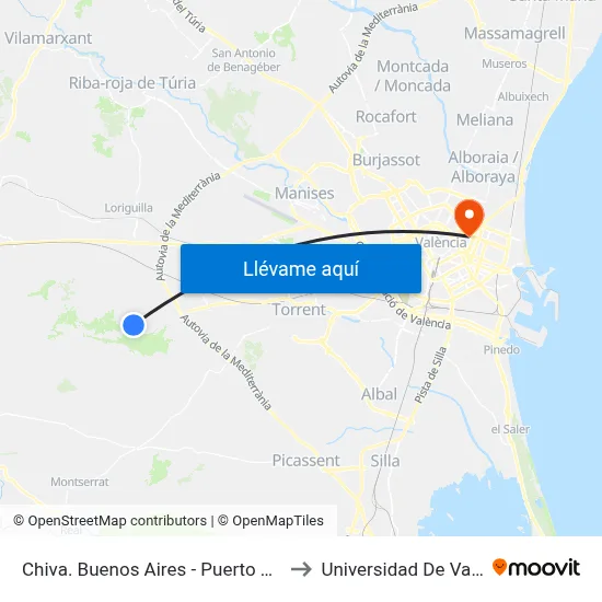 Chiva. Buenos Aires - Puerto Contreras to Universidad De Valencia map