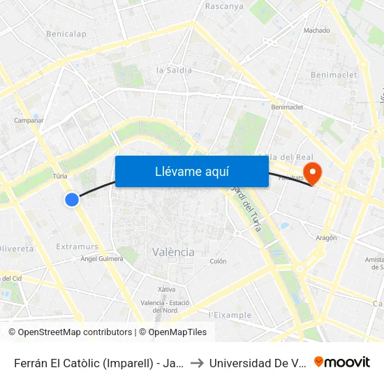 València. Ferran El Catòlic (Imparell) - Jardí Botànic to Universidad De Valencia map