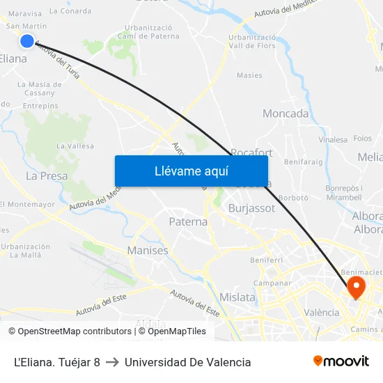 L'Eliana. Tuéjar 8 to Universidad De Valencia map