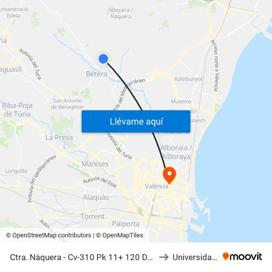 Ctra. Nàquera - Cv-310 Pk 11+ 120 Descendente - Cuadra Caballos I [Bétera] to Universidad De Valencia map