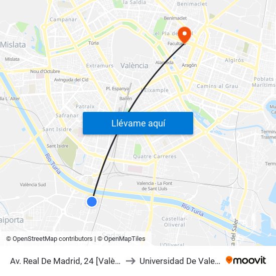 Av. Real De Madrid, 24 [València] to Universidad De Valencia map