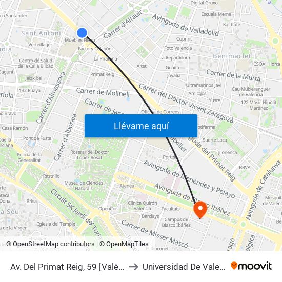 Av. Del Primat Reig, 59 [València] to Universidad De Valencia map