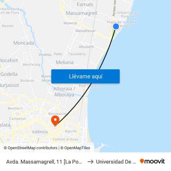 Avda. Massamagrell, 11 [La Pobla De Farnals] to Universidad De Valencia map