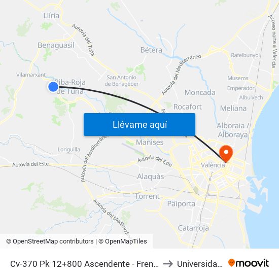 Cv-370 Pk 12+800 Ascendente - Frente A Hidroeléctrica [Riba-Roja De Túria] to Universidad De Valencia map