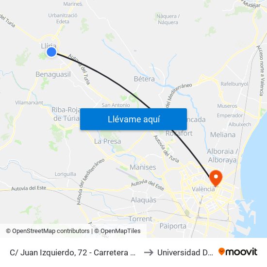 C/ Juan Izquierdo, 72 - Carretera De Vilamarxant [Llíria] to Universidad De Valencia map
