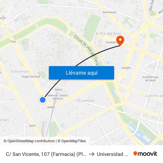 C/ San Vicente, 107 (Farmacia) (Plaza España) [València] to Universidad De Valencia map