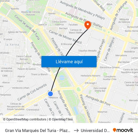 Gran Vía Marqués Del Turia - Plaza Cánovas  [València] to Universidad De Valencia map
