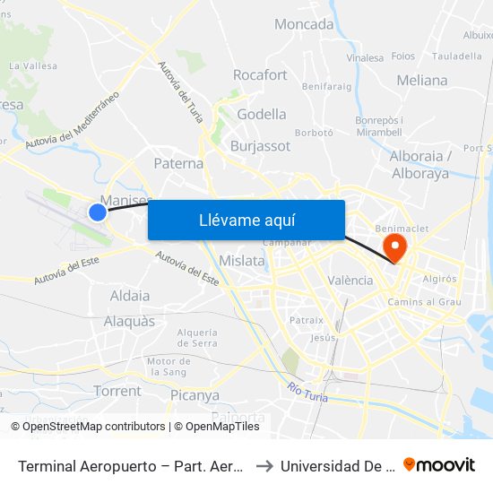 Terminal Aeropuerto – Part. Aeroport [Manises] to Universidad De Valencia map