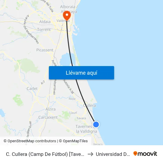 C. Cullera (Camp De Fútbol) [Tavernes De La Valldigna] to Universidad De Valencia map