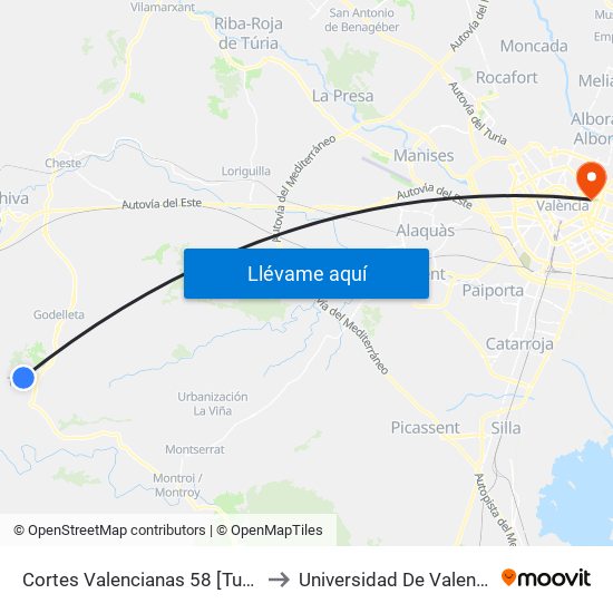 Cortes Valencianas 58 [Turís] to Universidad De Valencia map