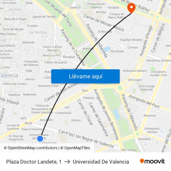Plaza Doctor Landete, 1 to Universidad De Valencia map