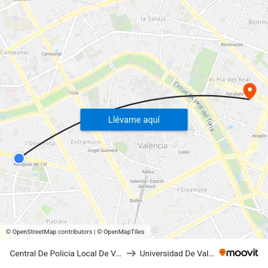 Central De Policia Local De València to Universidad De Valencia map