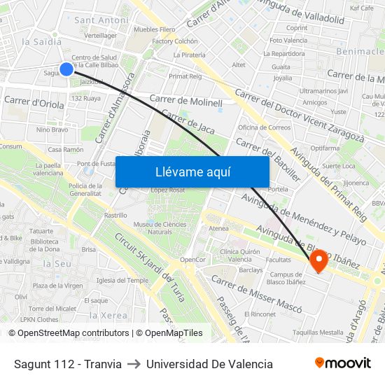 Sagunt 112 - Tranvia to Universidad De Valencia map