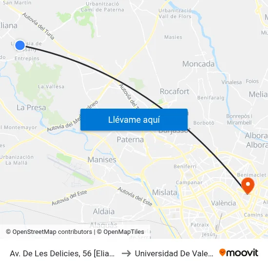 Av. De Les Delicies, 56 [Eliana, L] to Universidad De Valencia map