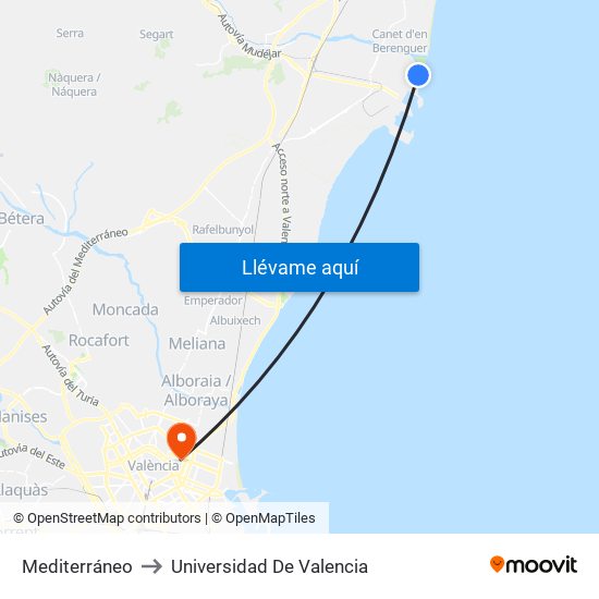 Mediterráneo to Universidad De Valencia map