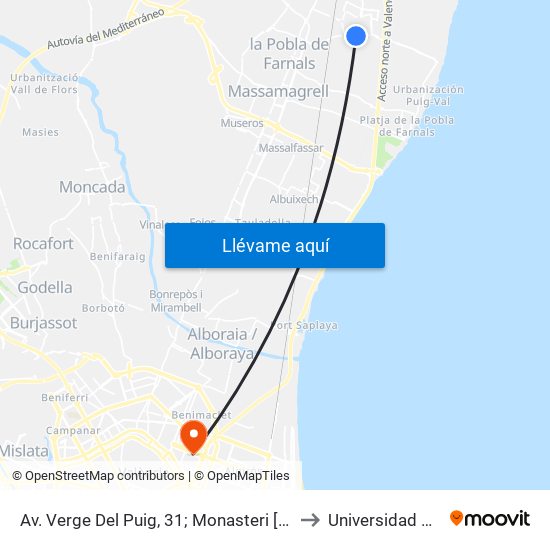 Av. Verge Del Puig, 31; Monasteri [Puig De Santa Maria, El] to Universidad De Valencia map