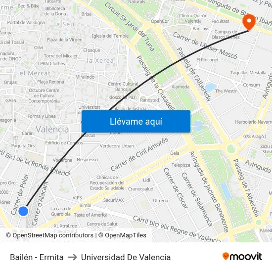 Bailén - Ermita to Universidad De Valencia map