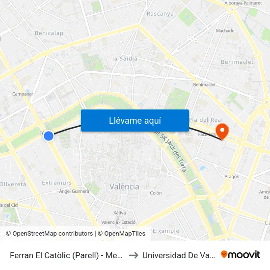 València. Ferran El Catòlic (Parell) - Metro Túria to Universidad De Valencia map