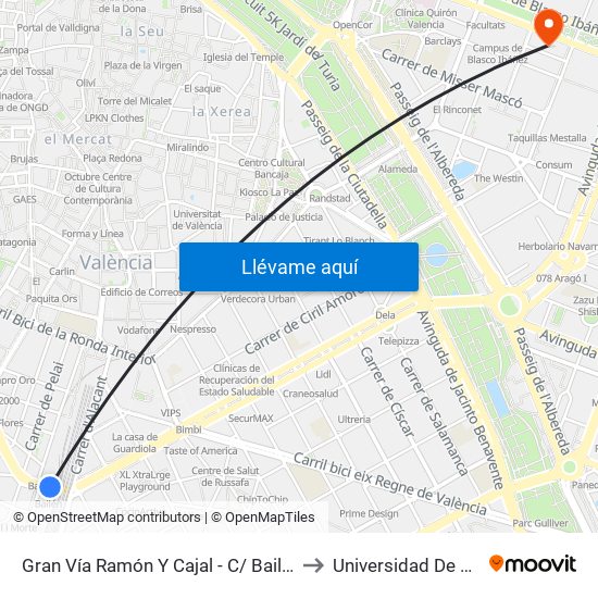 Gran Vía Ramón Y Cajal - C/ Bailén [València] to Universidad De Valencia map