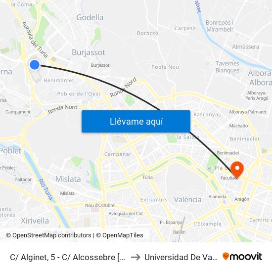 C/ Alginet, 5 - C/ Alcossebre [Paterna] to Universidad De Valencia map