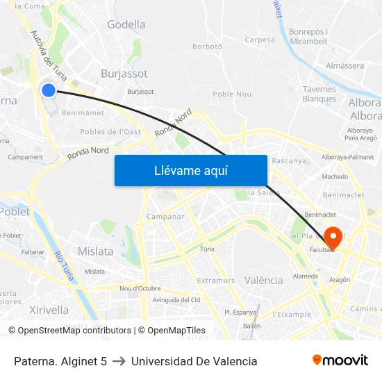 Paterna. Alginet 5 to Universidad De Valencia map