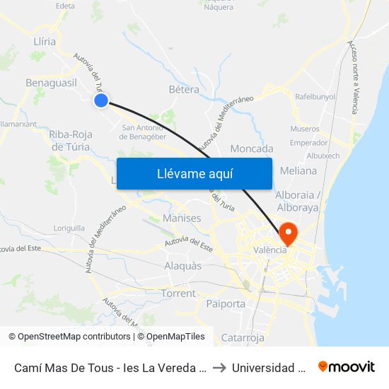 Camí Mas De Tous - Ies La Vereda [La Pobla De Vallbona] to Universidad De Valencia map