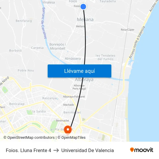Foios. Lluna Frente 4 to Universidad De Valencia map