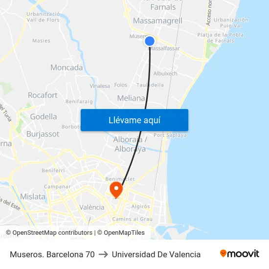 Museros. Barcelona 70 to Universidad De Valencia map