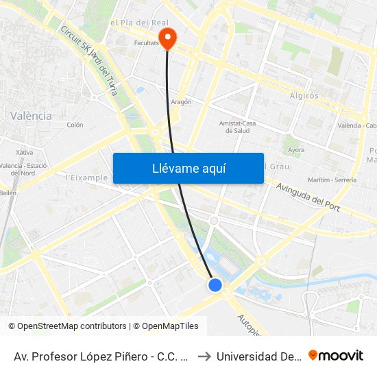 Av. Profesor López Piñero - C.C. El Saler [València] to Universidad De Valencia map