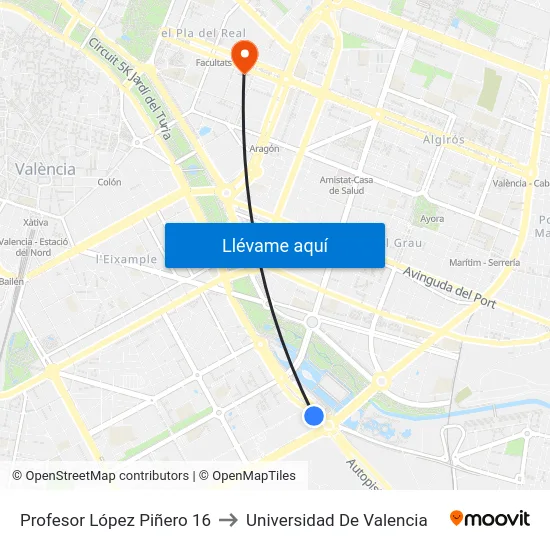 Profesor López Piñero 16 to Universidad De Valencia map