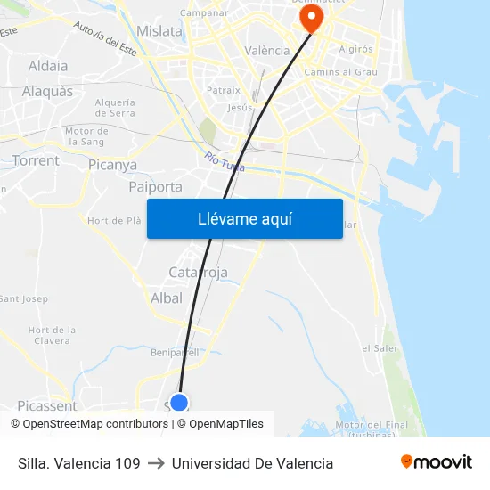 Silla. Valencia 109 to Universidad De Valencia map